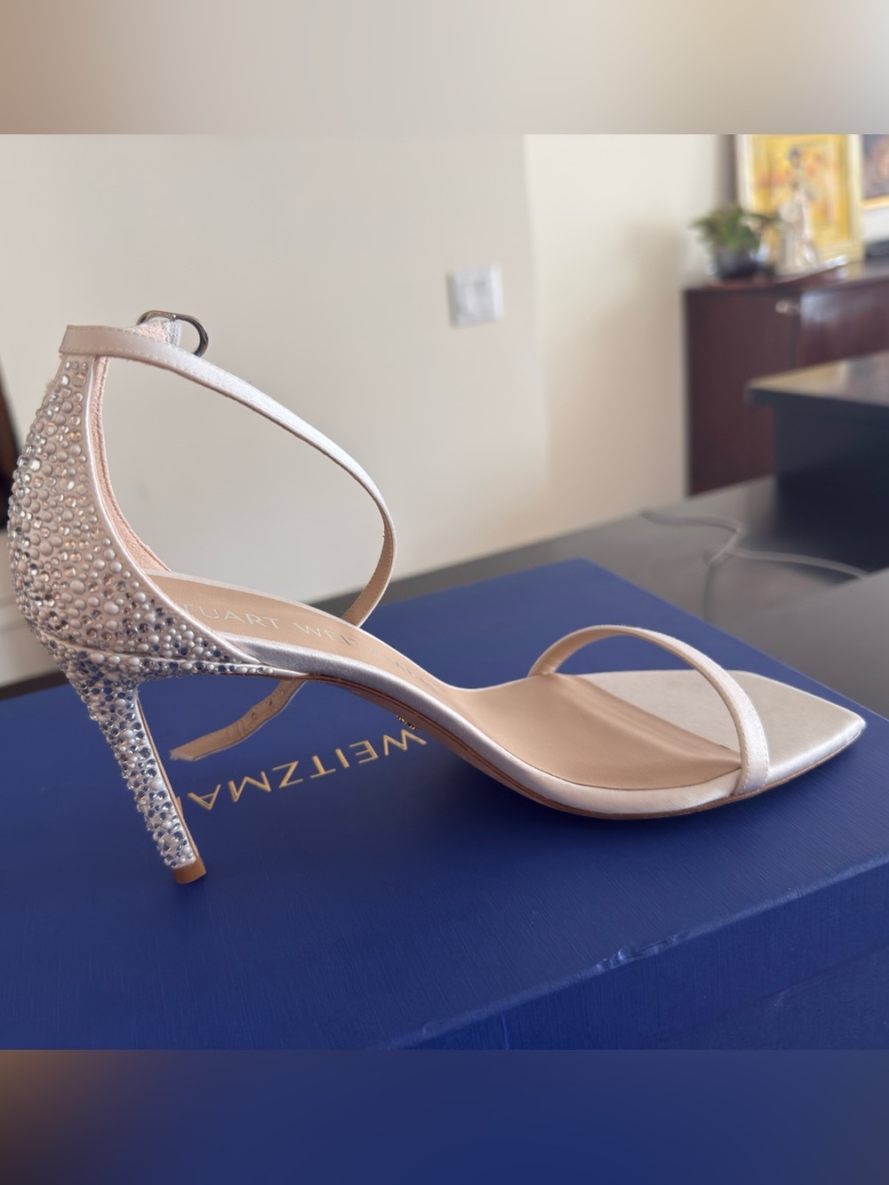 NWT Stuart Weitzman Crystal-Embellished Ivory Strappy Heel SZ 9.5